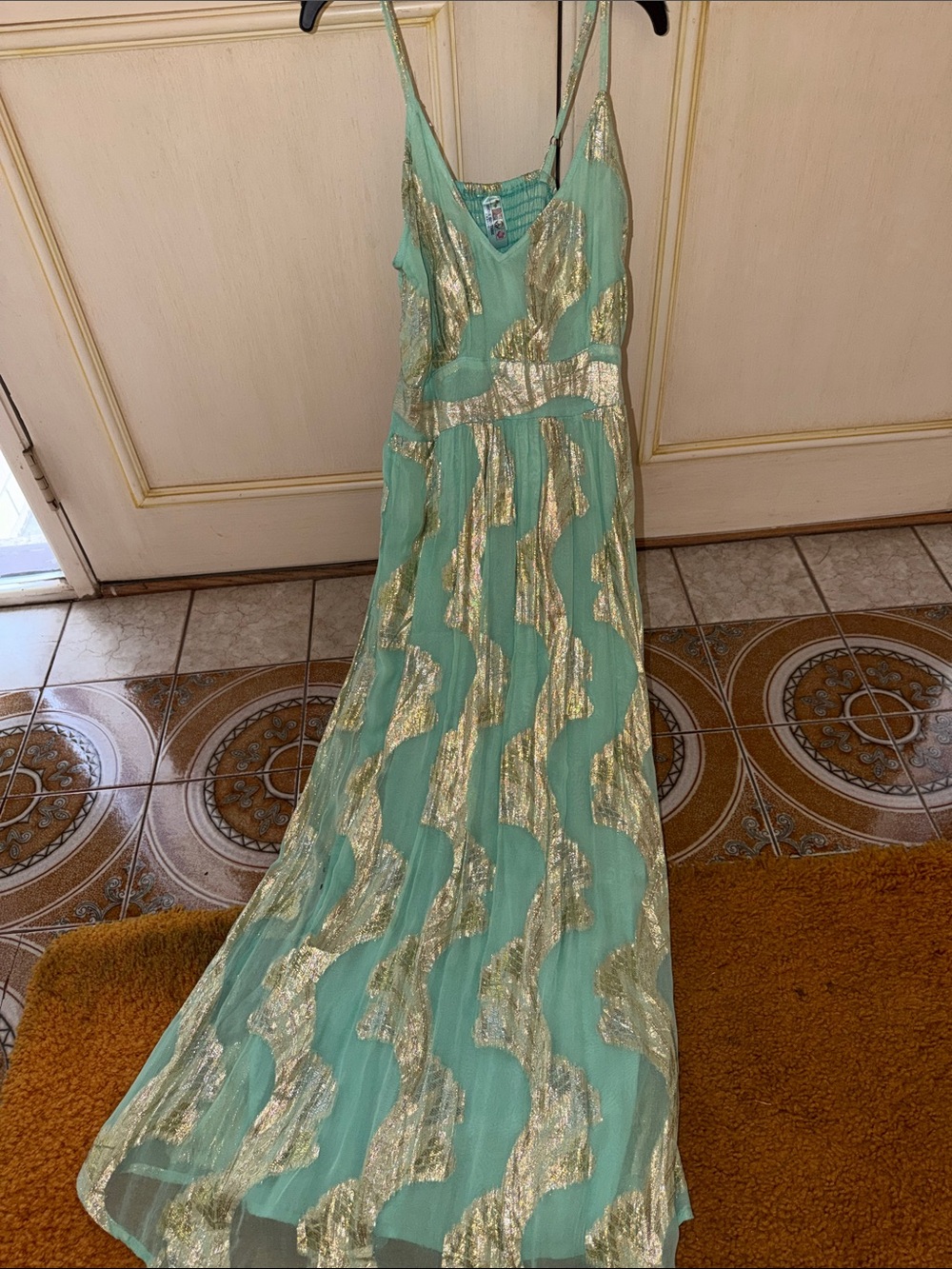 Mint Green & Gold Metallic Maxi Dress - Elegant Evening Gown